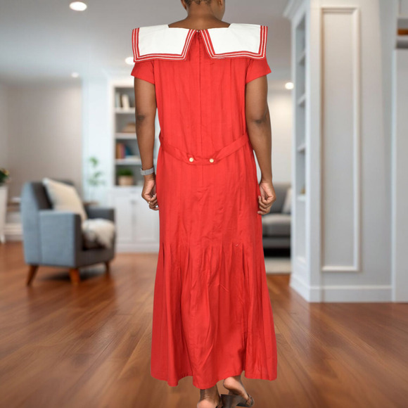 Vintage Sailor Collar Maxi Dress Red Nautical Rayon Column Pleated Retro Medium - Picture 2 of 14